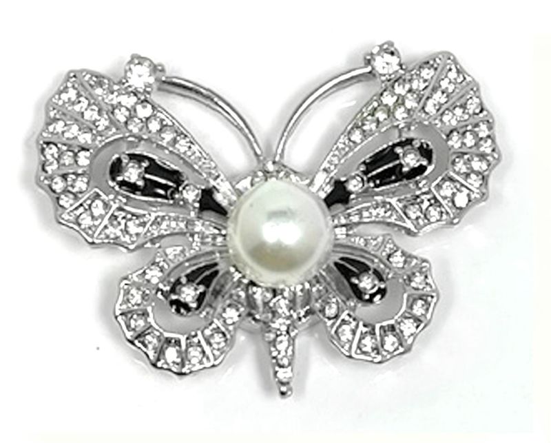 Brosche Schalclip mit Magnetclip Schmetterling Silber mit Strass und Perle 4,5x3,5cm Brosche Schalclip mit Magnetclip Schmetterling Silber mit Strass und Perle 4,5x3,5cm