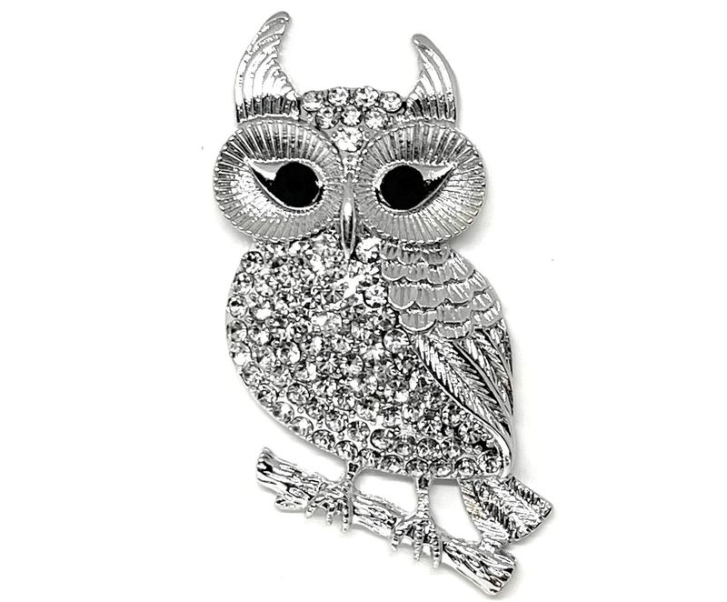 Brosche Eule Schalclip mit Magnetclip mit klarem Strass silber schwarz 5cm Brosche Eule Schalclip mit Magnetclip mit klarem Strass silber schwarz 5cm
