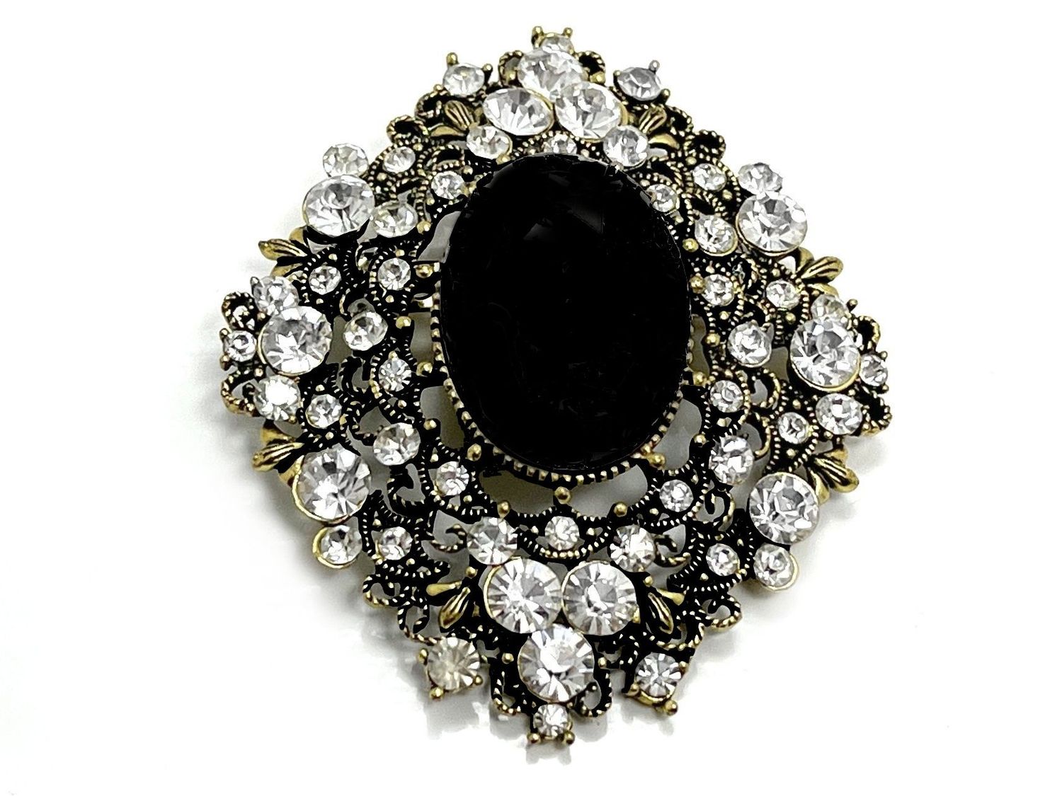 Brosche Anstecknadel Karo gold schwarz mit ovalem und rundem Strass 7cm