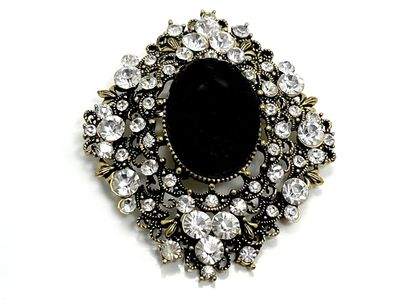Brosche Anstecknadel Karo gold schwarz mit ovalem und rundem Strass 7cm