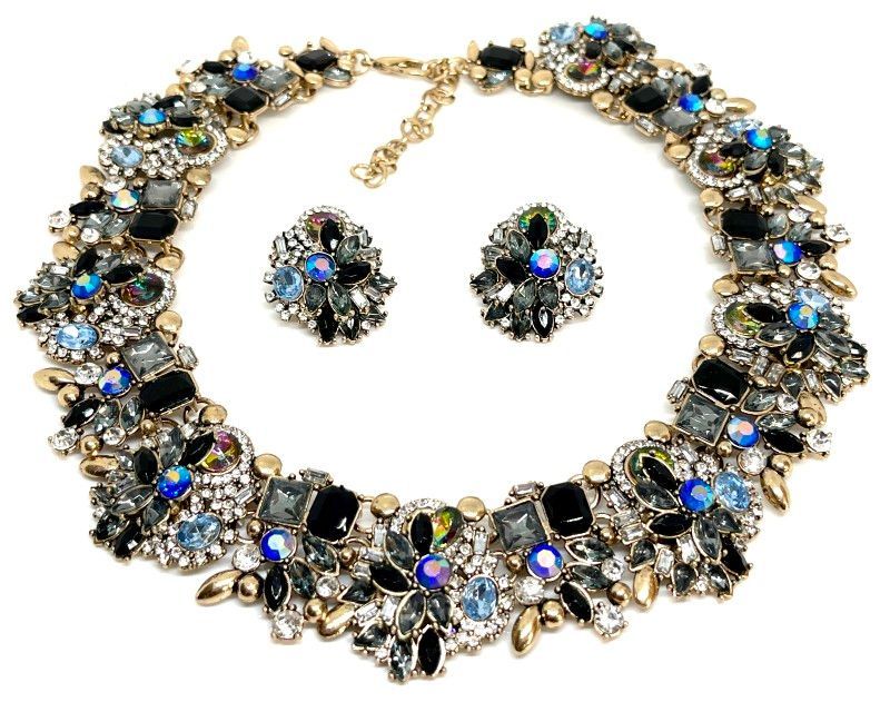 3teiliges Set Statement Halskette und Ohrringe mit buntem Strass Clips2