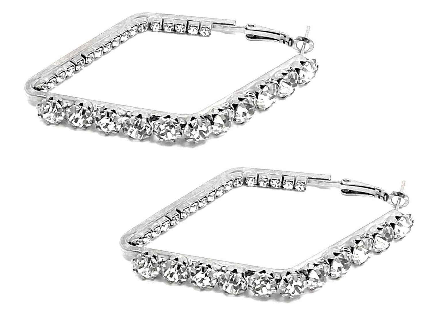 1Paar  Modeschmuck Creolen mit Strass in Karoform 6cm lang  silberfarben