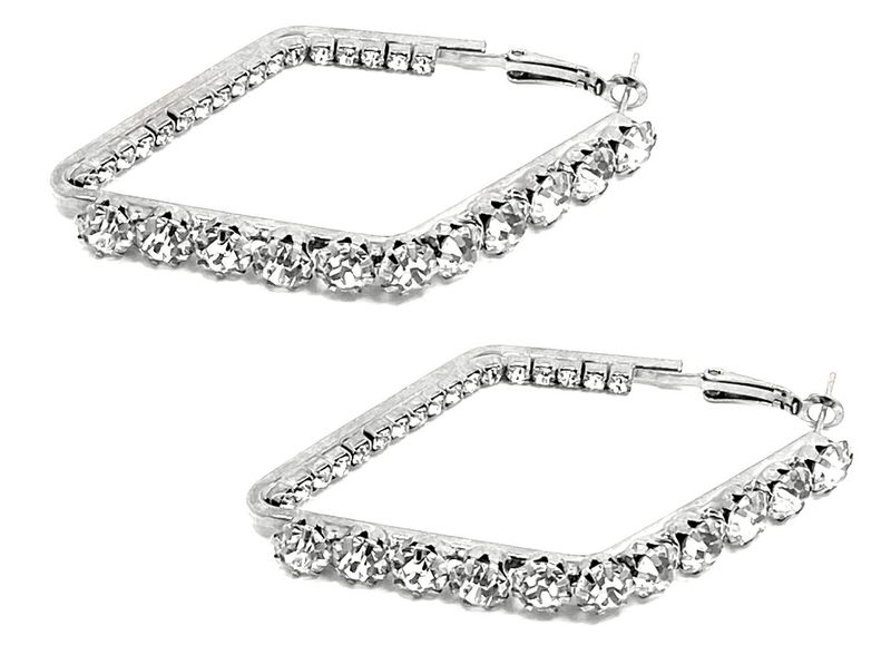 1Paar  Modeschmuck Creolen mit Strass in Karoform 6cm lang  silberfarben