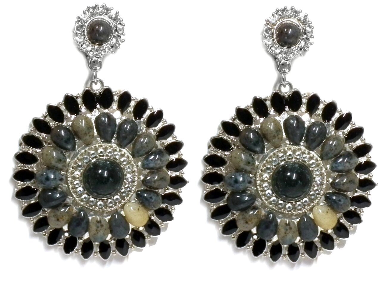 Statement Chandelier Ohrclips XXL Ethno Mandala Strass Kristall Grau 8cm