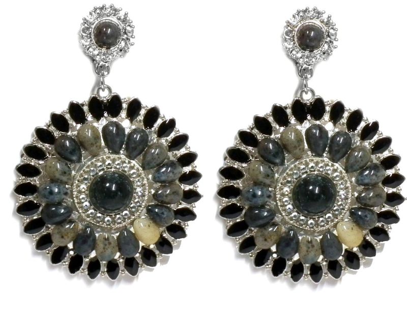 Statement Chandelier Ohrclips XXL Ethno Mandala Strass Kristall Grau 8cm