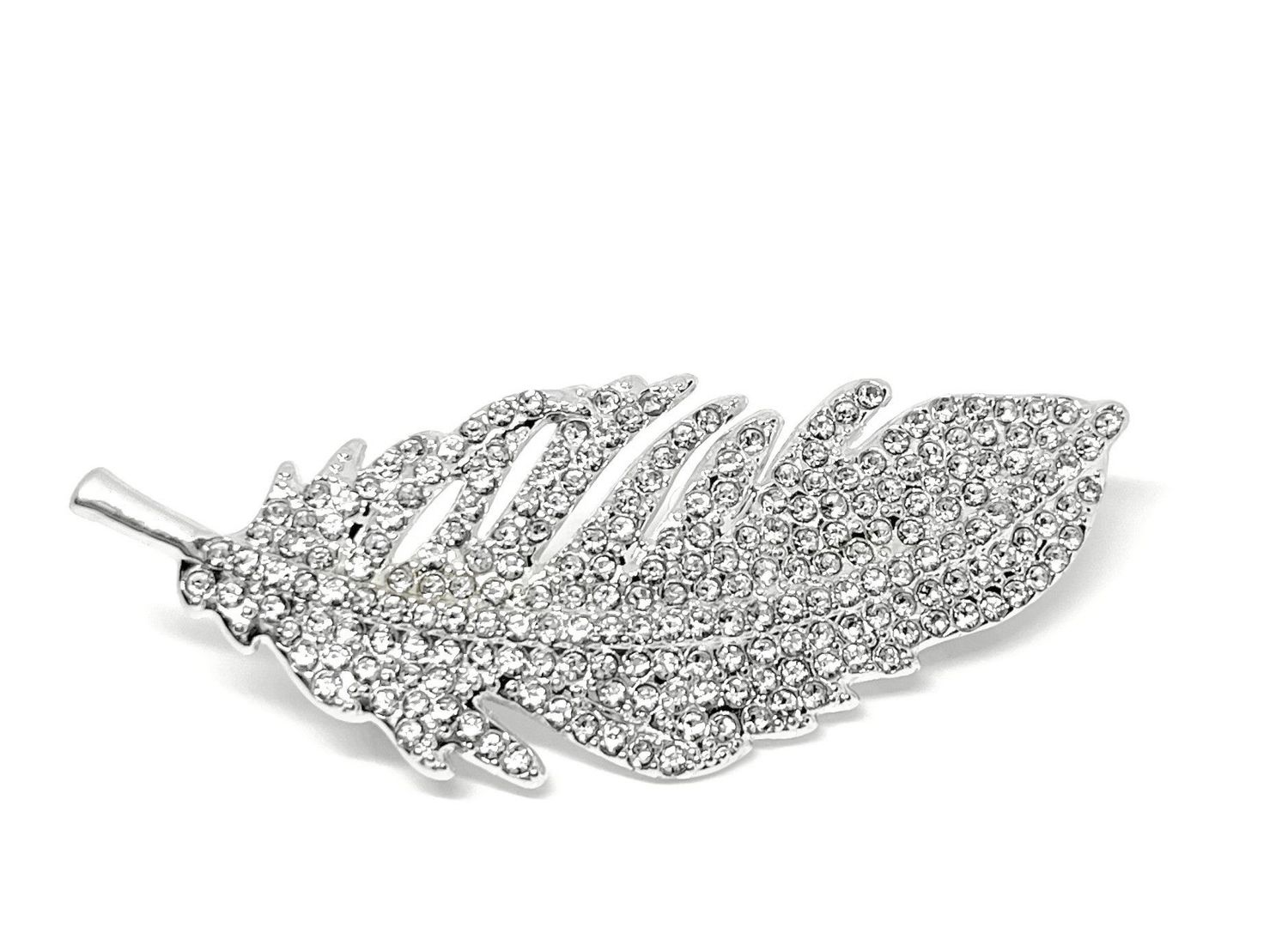 Brosche Anstecknadel Schalnadel Feder silber oder goldfarben mit Strass 6cm silber