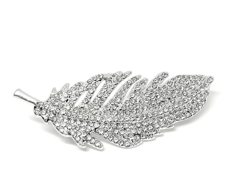Brosche Anstecknadel Schalnadel Feder silber oder goldfarben mit Strass 6cm silber