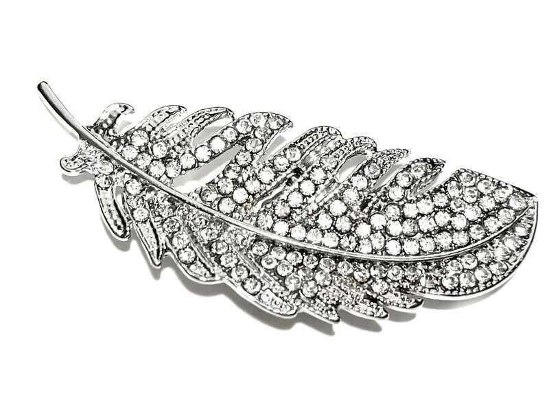 Brosche Schalclip Magnetclip Feder Silber mit Strass 5,5 x 2,5cm