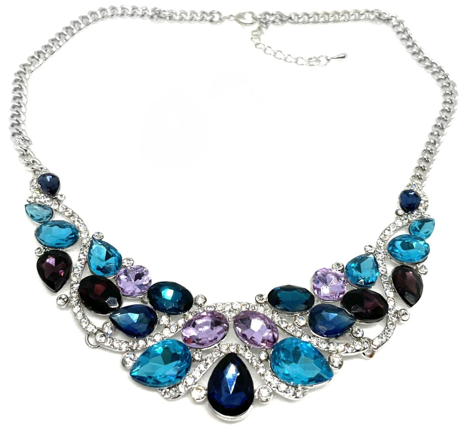 Modeschmuck Halskette silberfarben mit klarem, lila und blauem Strass 50cm