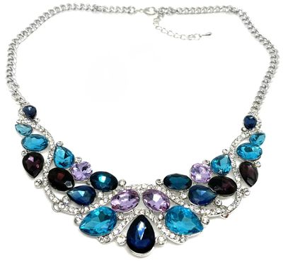Modeschmuck Halskette silberfarben mit klarem, lila und blauem Strass 50cm