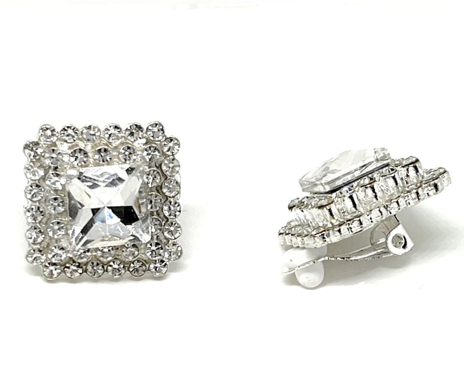 1 Paar Modeschmuck Ohrringe Clipse Quadrat 3 Ebenen mit Strass 2,2cm