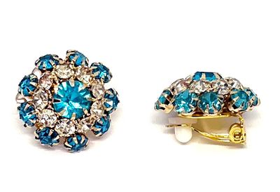 1 Paar Modeschmuck Ohrclips goldfarben mit meerblauem Strass in Blütenform 2cm