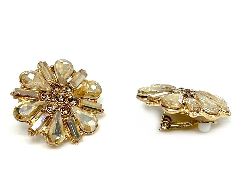 1Paar Modeschmuck Ohrclips Blume Braun Baguette und Tropfenförmiger Strass 3cm