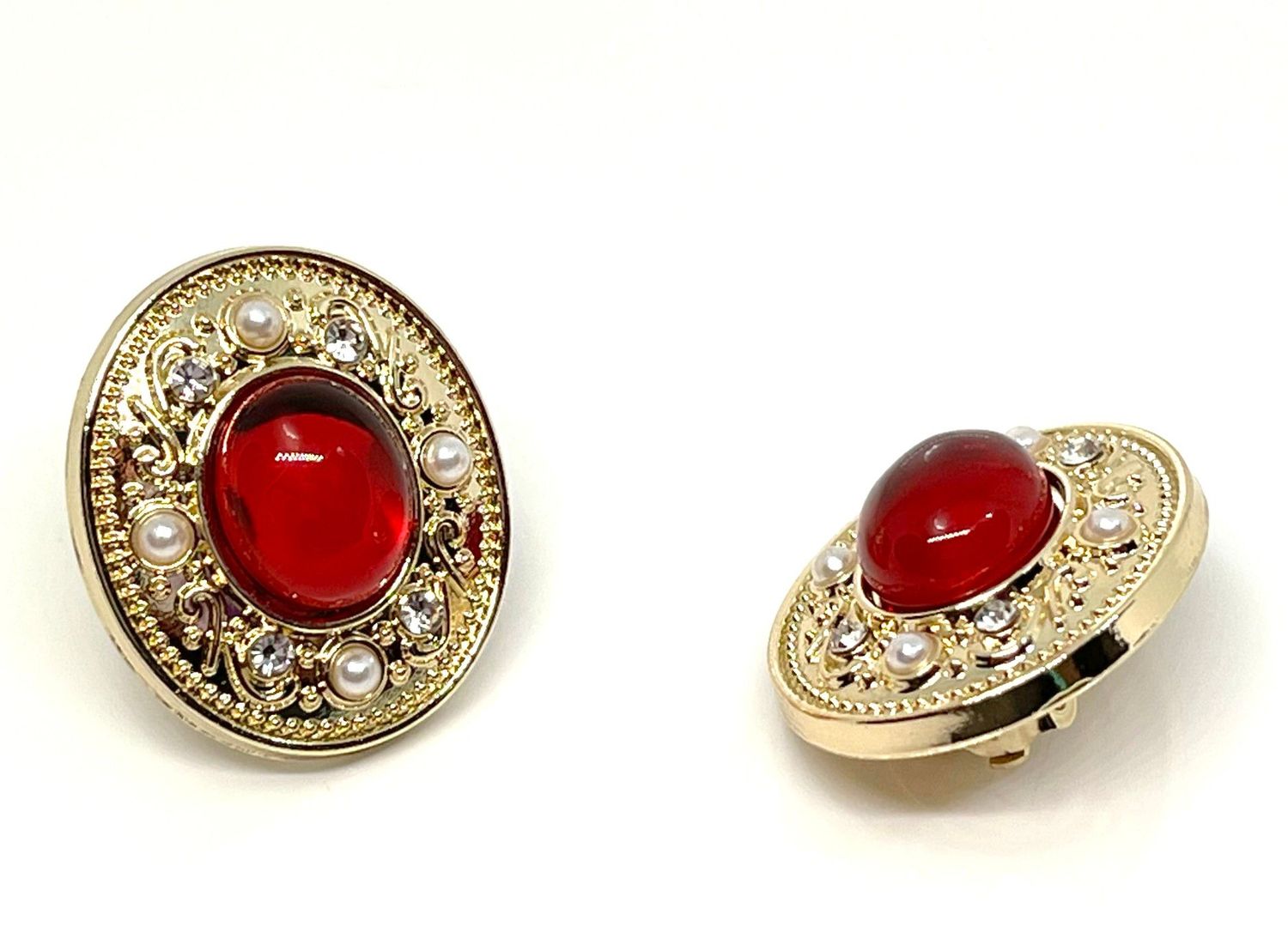 1Paar Modeschmuck Ohrclips gold mit farbigem Cabochon Strass und Perlen 2,5cm Rot