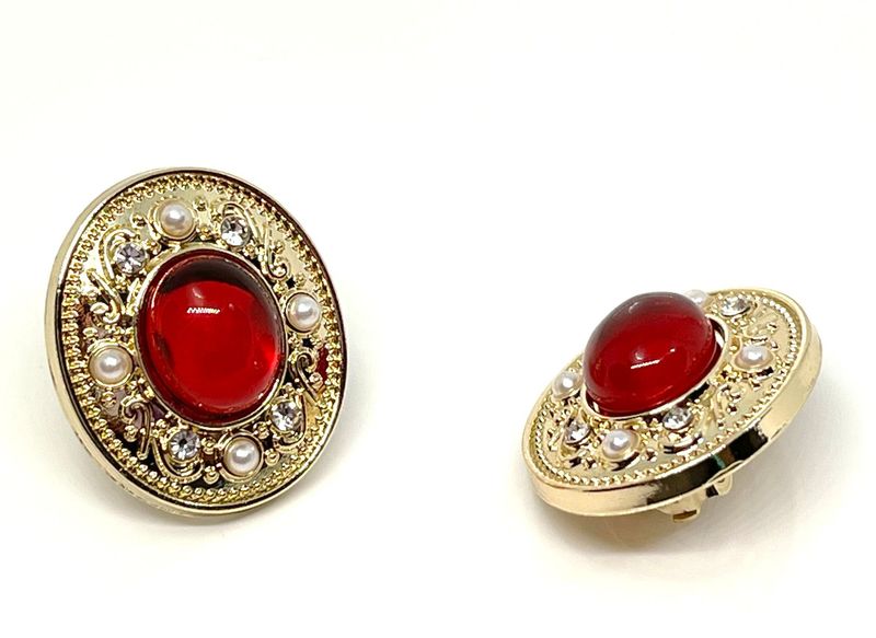 1Paar Modeschmuck Ohrclips gold mit farbigem Cabochon Strass und Perlen 2,5cm Rot