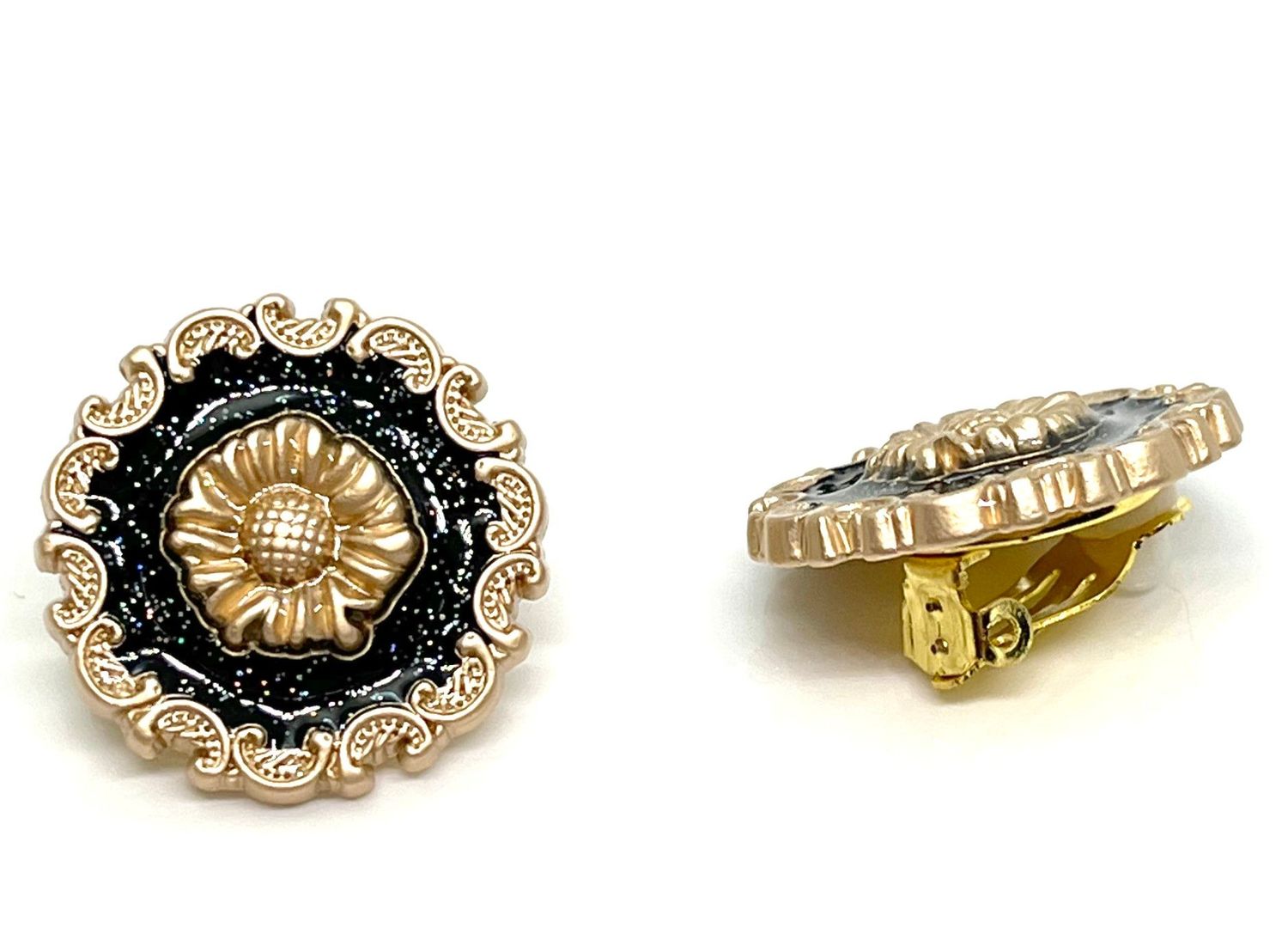 1 Paar Modeschmuck Ohrclips goldfarbene Blume und irisierender Glitzer 2,5cm schwarz