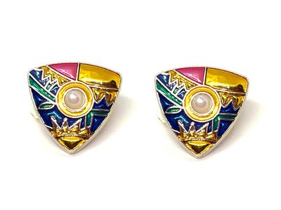 ​1 Paar Modeschmuck Clips Ohringe Dreieck mit abstraktem Muster und Perle 2cm