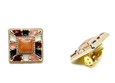 ​1 Paar Clips Ohringe Quadrat in Gold mit Rosa, Blau, Weiss und Rot akzent 2cm