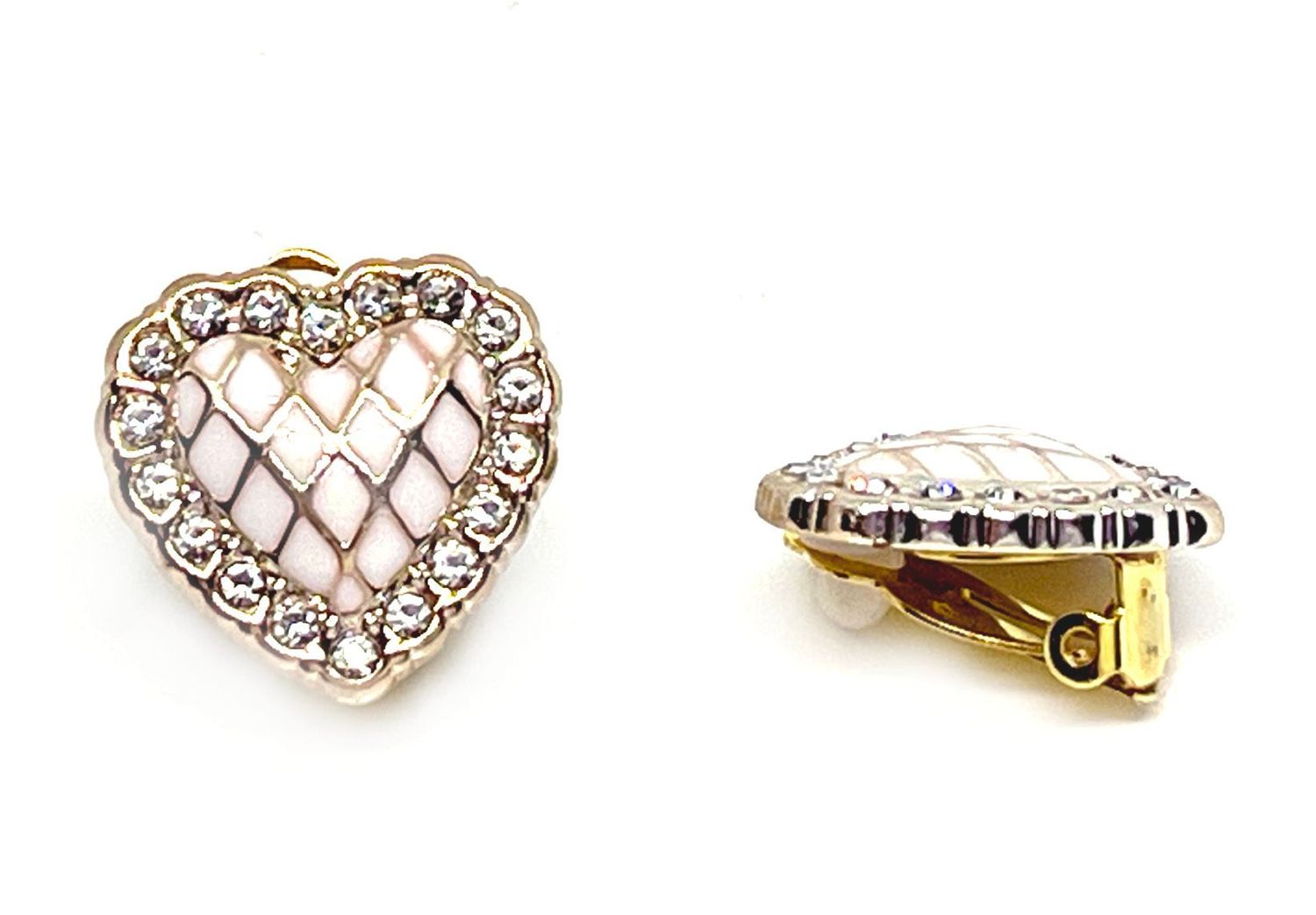 ​1 Paar Modeschmuck Clips Ohringe Herz mit Strass weiss und goldfarben 2cm