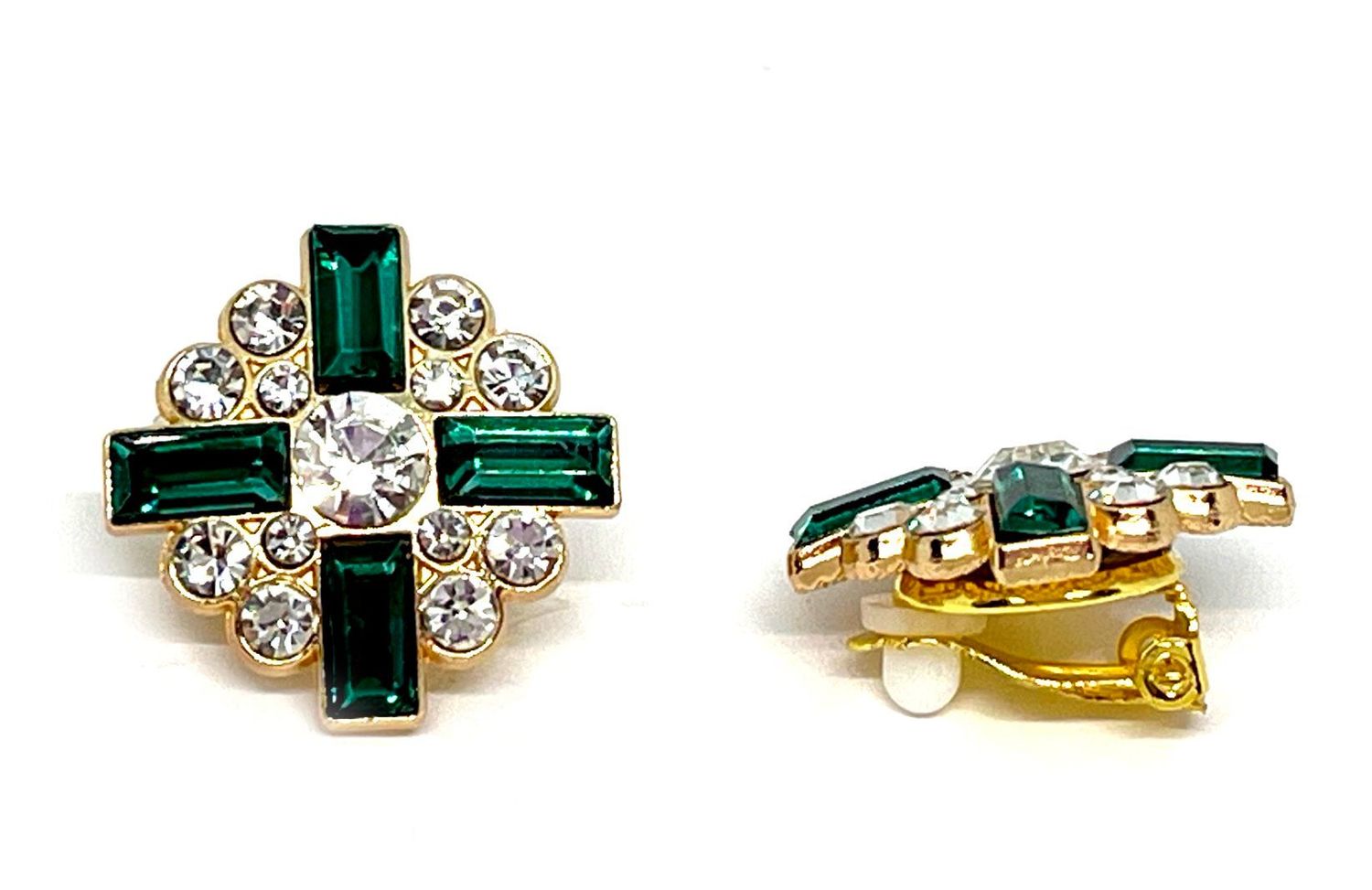 1 Paar Modeschmuck Ohrclips gold mit grünem baguetteförmigem Strass 2,5cm