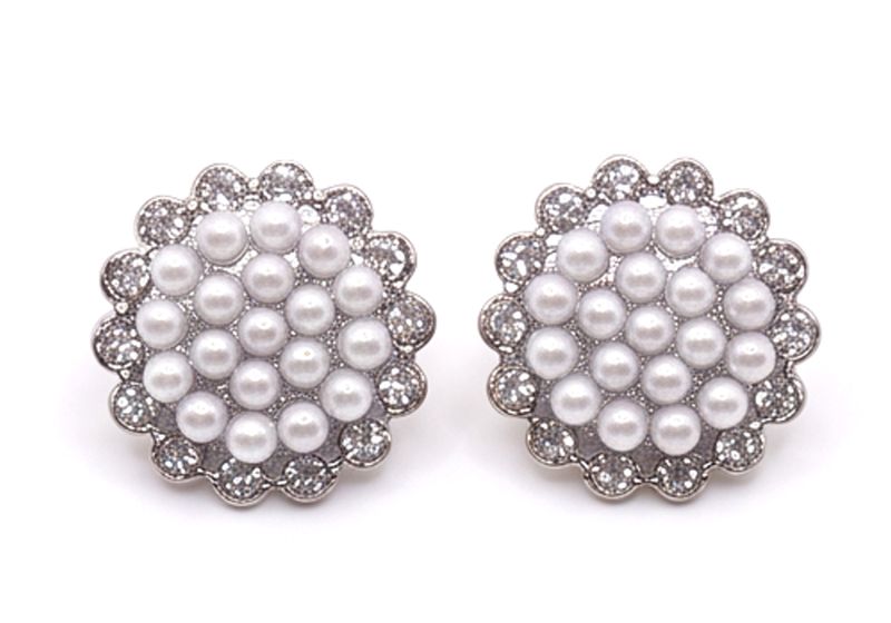 Vintage Ohrclips Silber Perle Strass Statement Ohrringe Rund Blüte Pavé 22mm