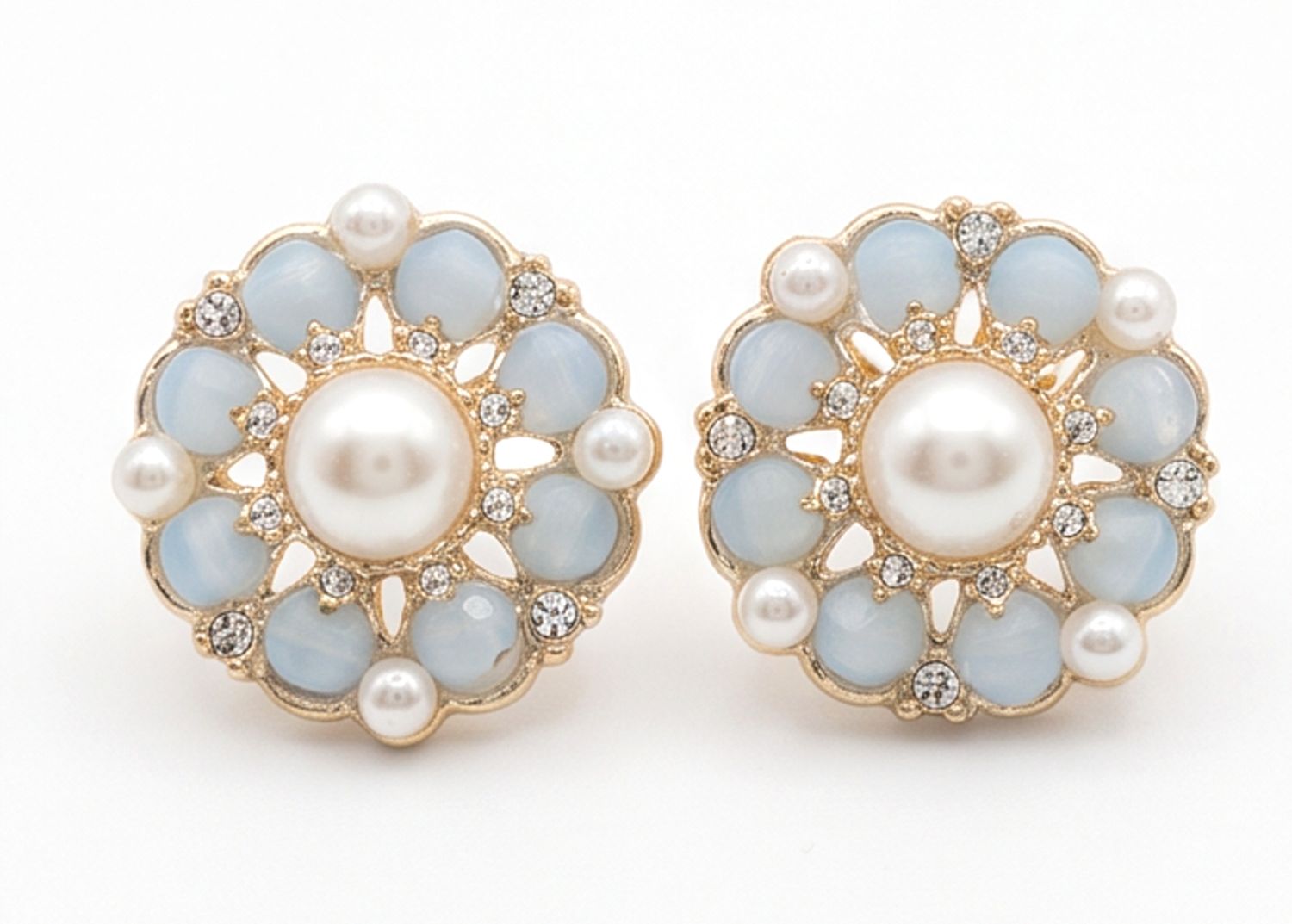 Vintage Ohrclips Gold Perle Hellblau Opal Strass Ohrringe Rund Blüte 22mm Vintage Ohrclips Gold Perle Hellblau Opal Strass Ohrringe Rund Blüte 22mm