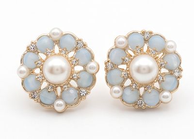 Vintage Ohrclips Gold Perle Hellblau Opal Strass Ohrringe Rund Blüte 22mm Vintage Ohrclips Gold Perle Hellblau Opal Strass Ohrringe Rund Blüte 22mm