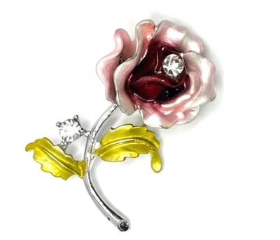 Vintage Brosche Silber Rose Emaille Strass Kristall Anstecknadel Anstecker 50mm Vintage Brosche Silber Rose Emaille Strass Kristall Anstecknadel Anstecker 50mm