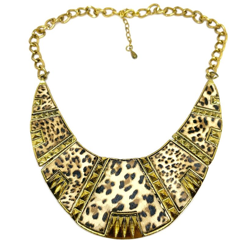 Vintage Statement Kette Gold Leopard Leo Print Nieten Collier Lätzchen 50cm