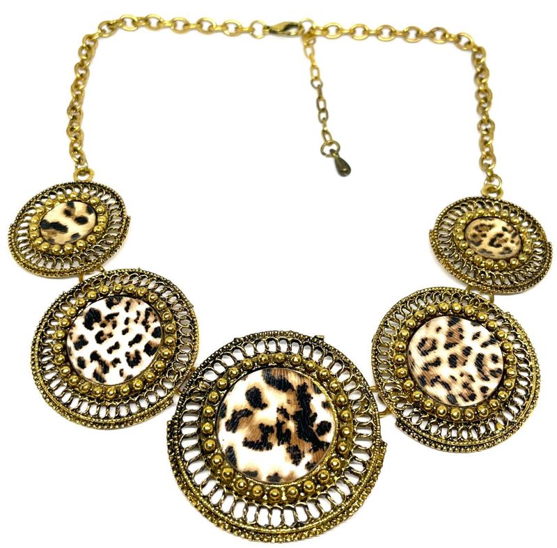 Vintage Statement Kette Gold Silber Leopard Leo Print Medaillon Halskette 50cm