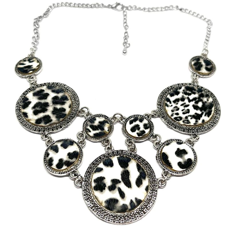 Vintage Statement Kette Silber Leopard Leo Print Medaillon Halskette 50cm