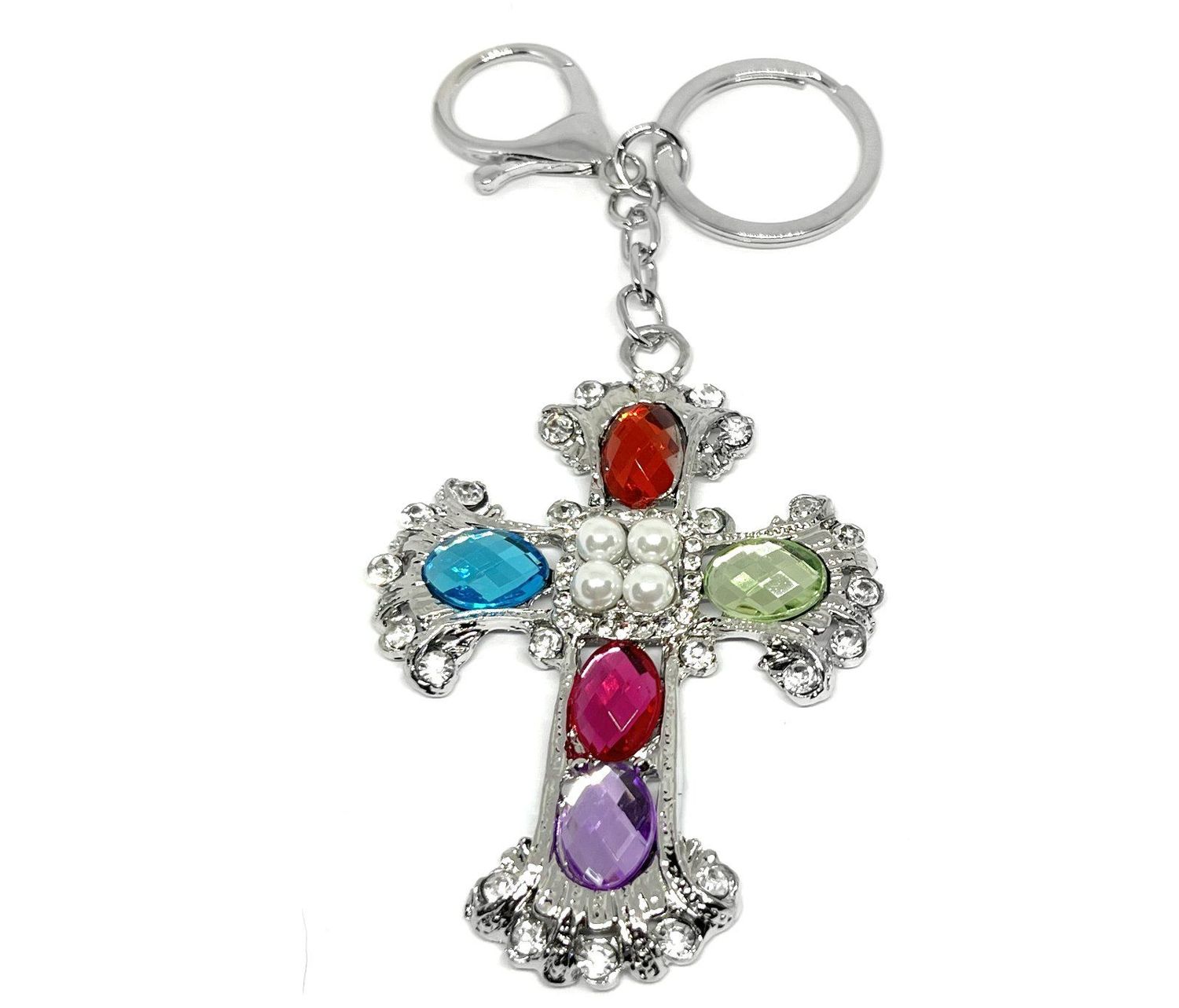 Schlüsselanhänger Taschenanhänger Silber Kreuz mit Strass Bunt Perlen 12cm