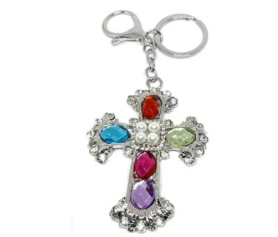 Schlüsselanhänger Taschenanhänger Silber Kreuz mit Strass Bunt Perlen 12cm