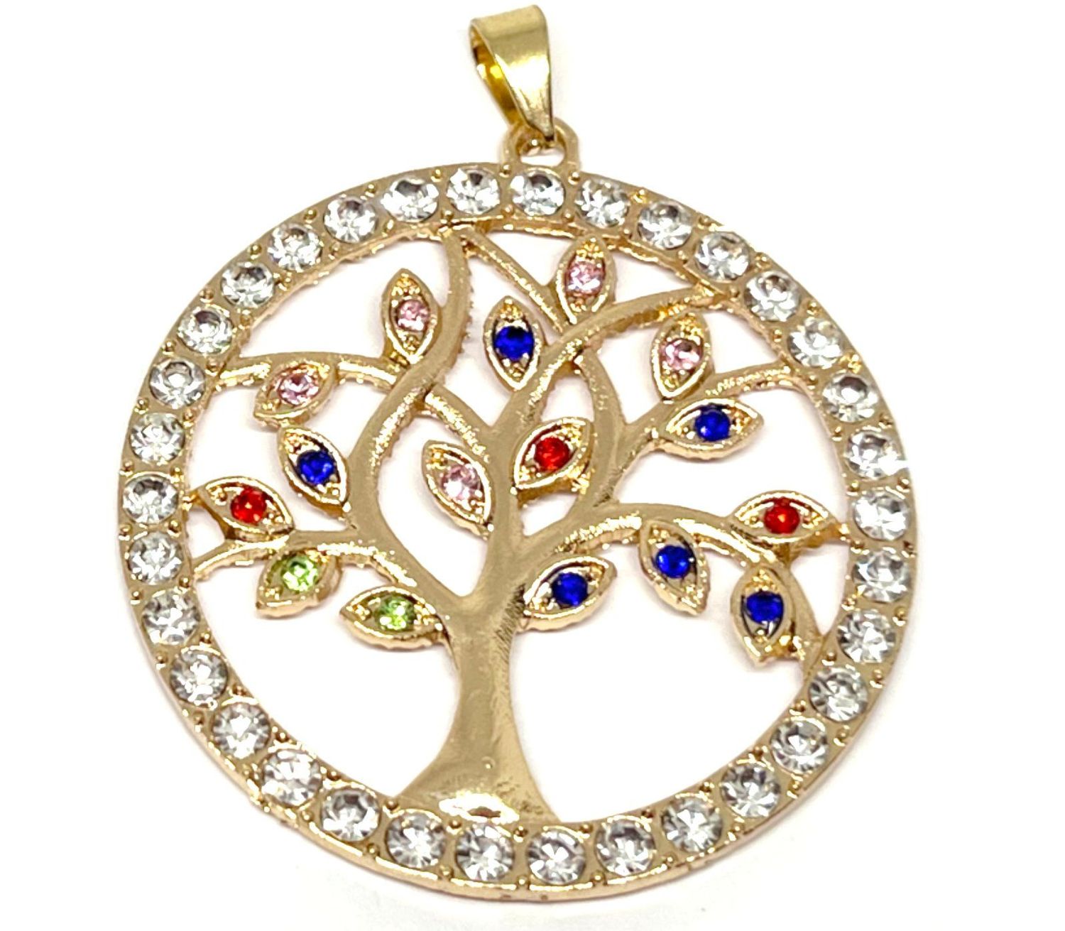Vintage Kettenanhänger Gold Lebensbaum Bunt Strass Kristall Baum des Lebens 45mm