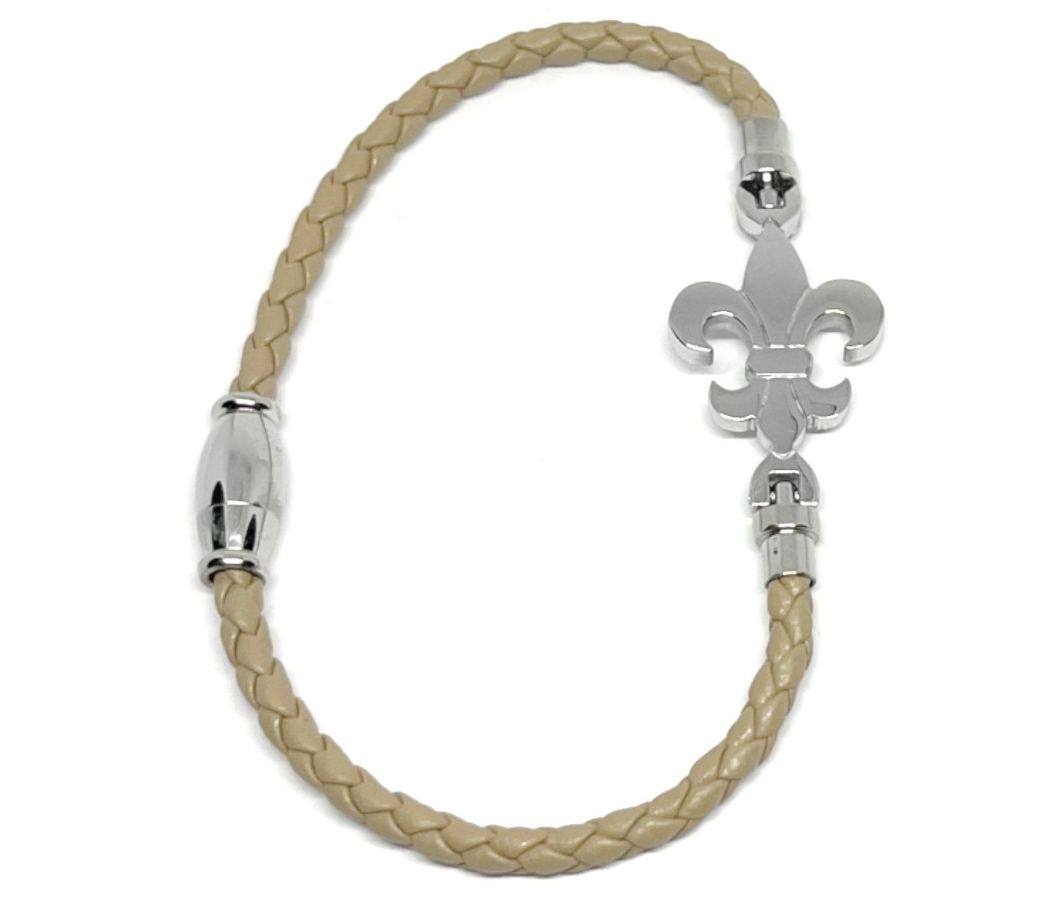 Magnetverschluss Armband Edelstahl Kunstleder Geflochten Lilie Fleur de Lis Beige 18cm
