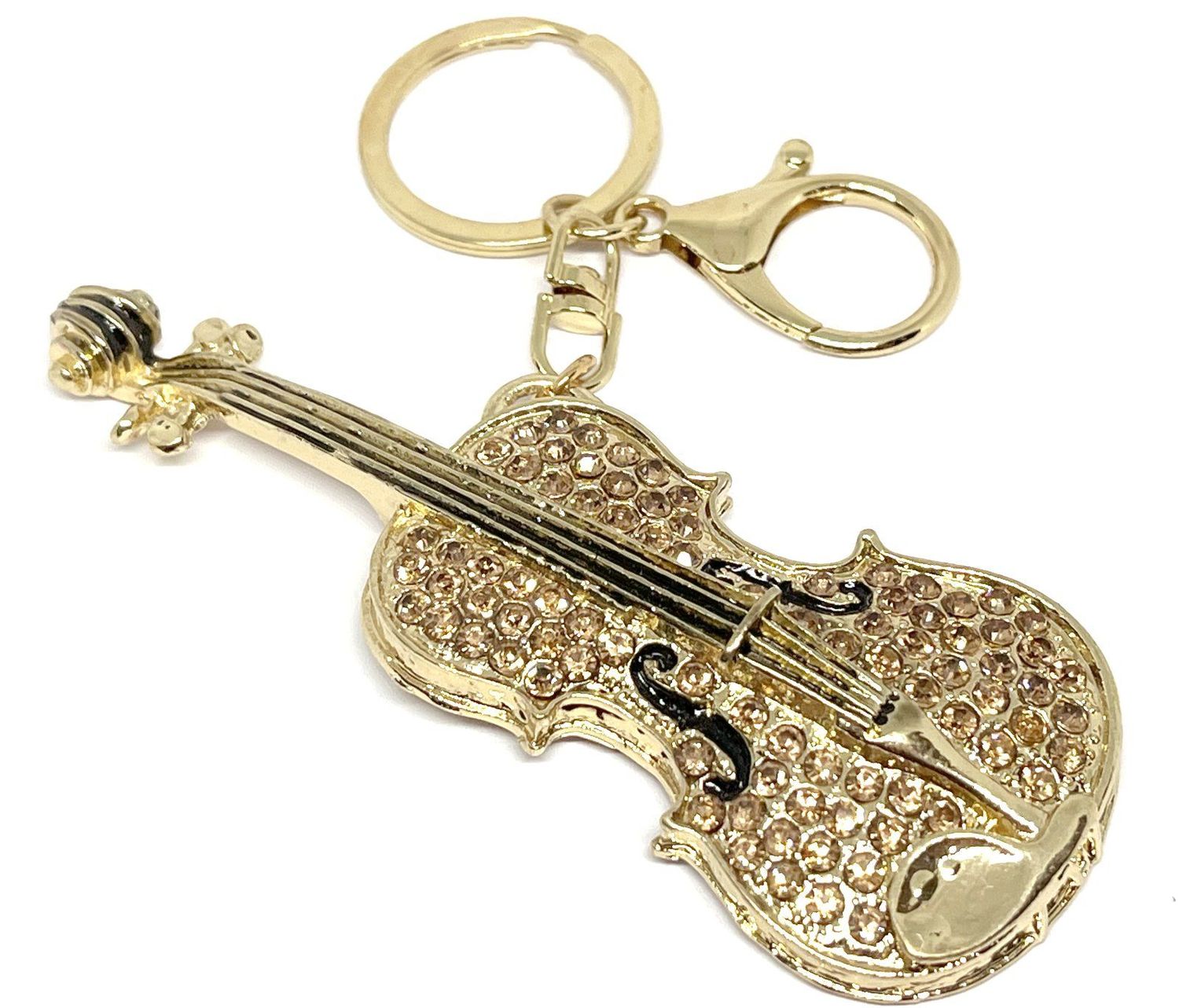 Vintage Schlüsselanhänger Gold Geige Violine Strass Kristall Musik 12cm