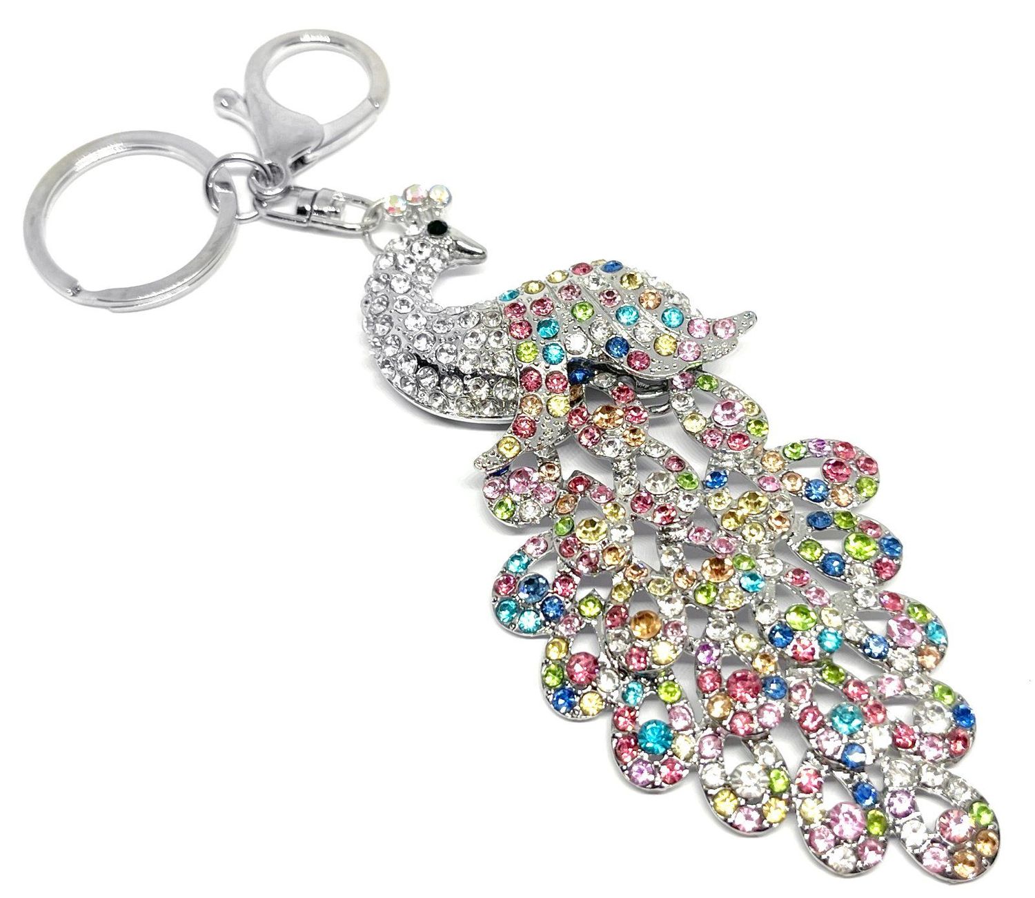 Vintage Schlüsselanhänger Silber Pfau Bunt Strass Kristall Orient Anhänger 17cm