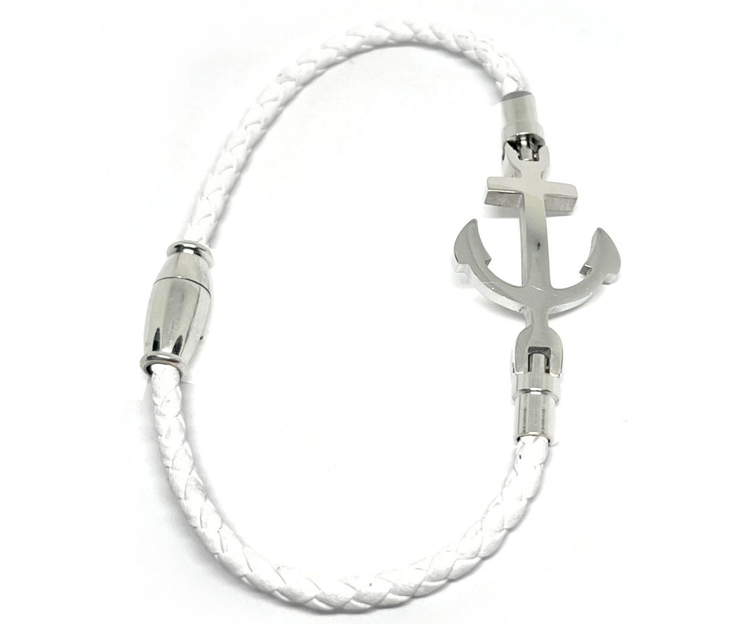  Armband Edelstahl Kunstleder Geflochten Anker Maritim Weiß Silber 18cm