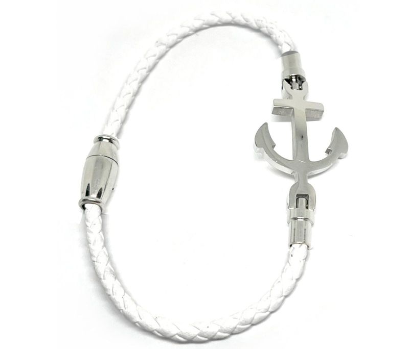  Armband Edelstahl Kunstleder Geflochten Anker Maritim Weiß Silber 18cm