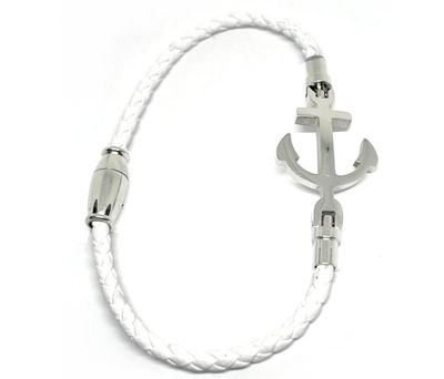  Armband Edelstahl Kunstleder Geflochten Anker Maritim Weiß Silber 18cm