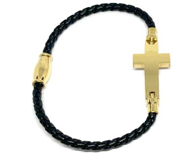 Armband Edelstahl Kunstleder Geflochten Kreuz Gold Schwarz 18cm