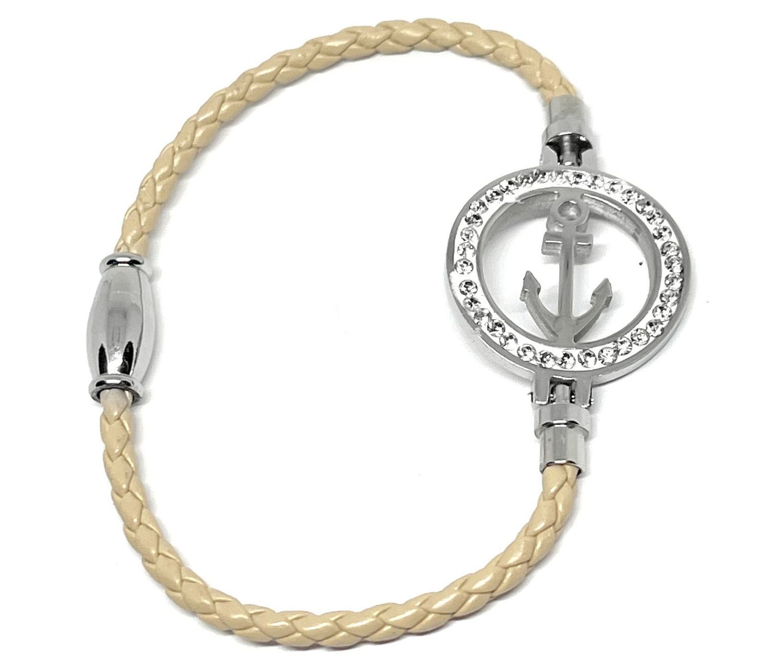 Armband Edelstahl Kunstleder Geflochten Anker Strass Ring Beige Silber 18cm