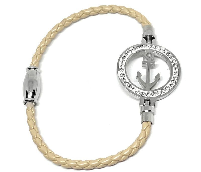 Armband Edelstahl Kunstleder Geflochten Anker Strass Ring Beige Silber 18cm