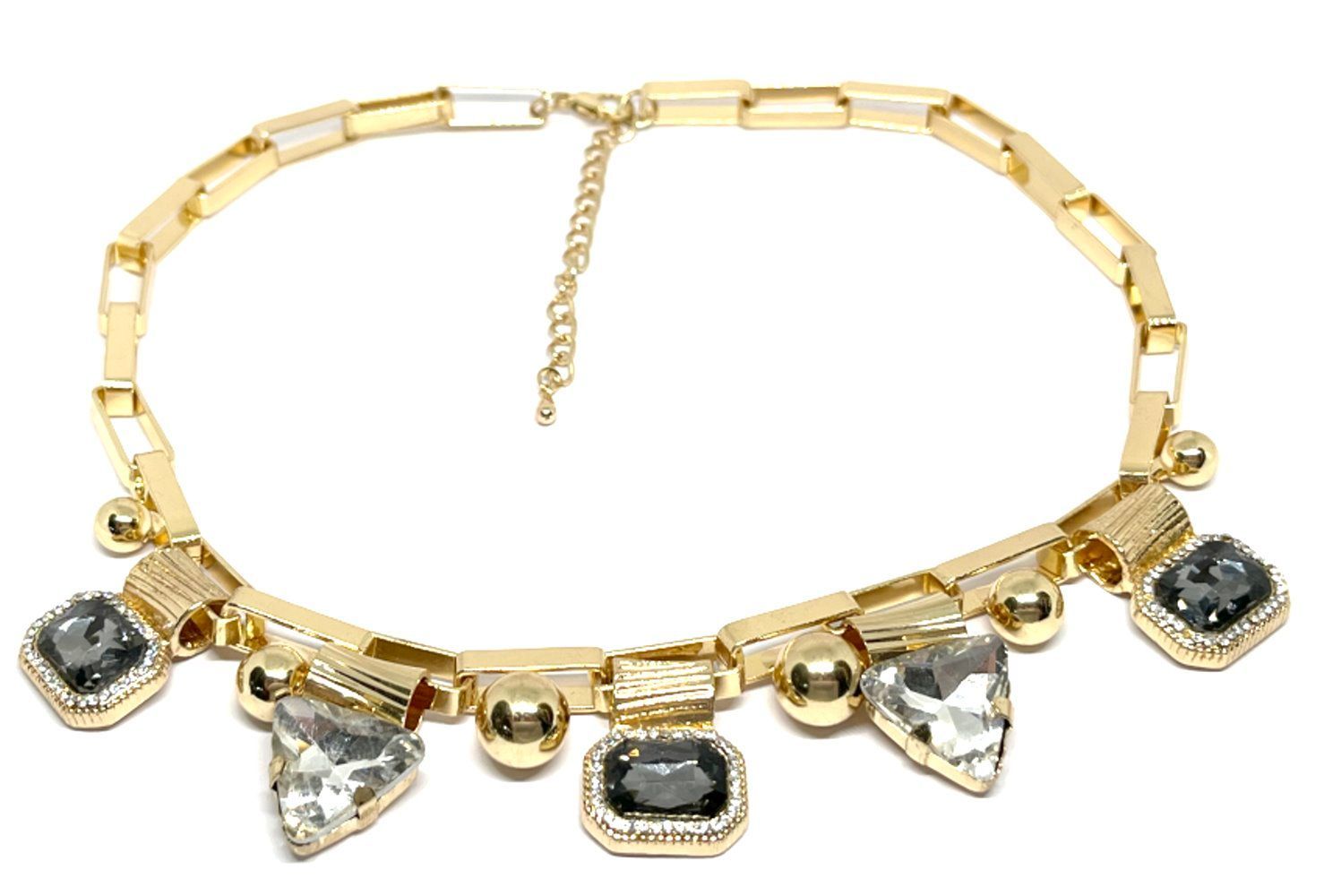 Vintage Statement Collier Gold Gliederkette Kristall Strass Grau Dreieck 45cm Vintage Statement Collier Gold Gliederkette Kristall Strass Grau Dreieck 45cm
