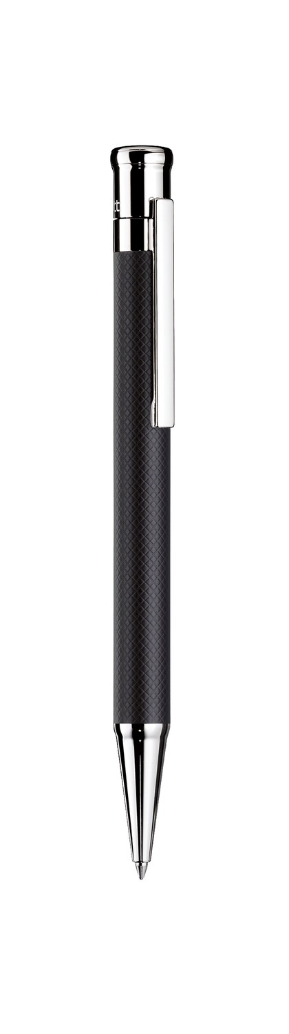 Design 04 Ballpoint pen - barrel black matt lacquered with checkered guilloché, cap and fittings platinum plated