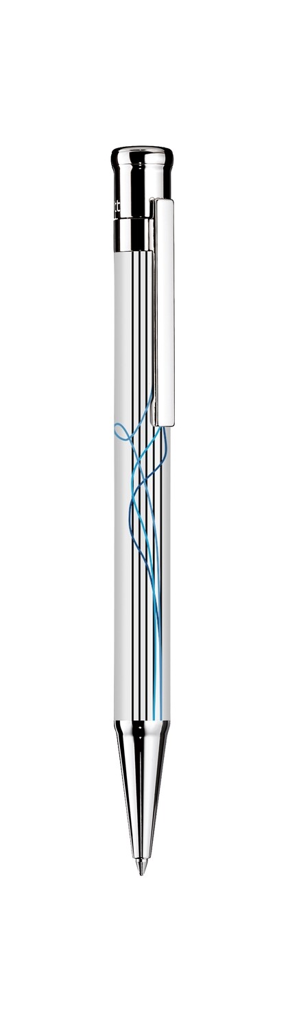 Design 04 Ballpoint pen - barrel white shiny lacquered, 4 time scribble printing, cap and fittings platinum plated