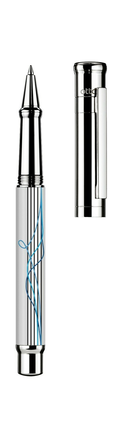 Design 04 Rollerball - barrel white shiny lacquered, 4 time scribble printing, cap and fittings platinum plated