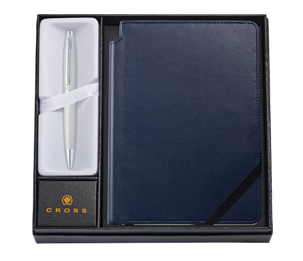 Calais Satin Chrome Ballpoint Pen with Medium Midnight Blue Journal