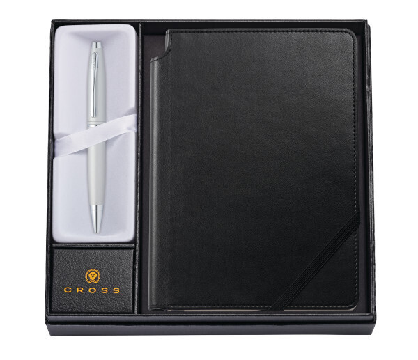 Calais Satin Chrome Ballpoint Pen with Medium Classic Black Journal