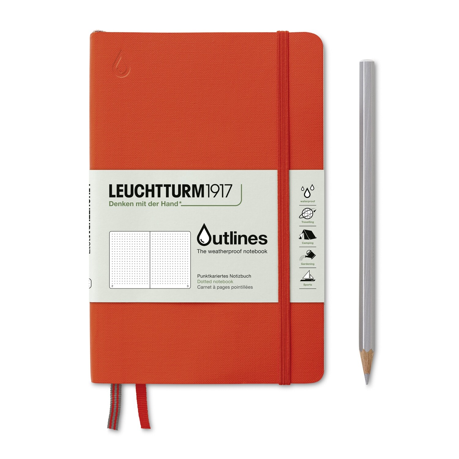 Signal Orange, Outlines notebook, Paperback (B6+), 150 g/m² nautical chart paper, 89 pages, dotted